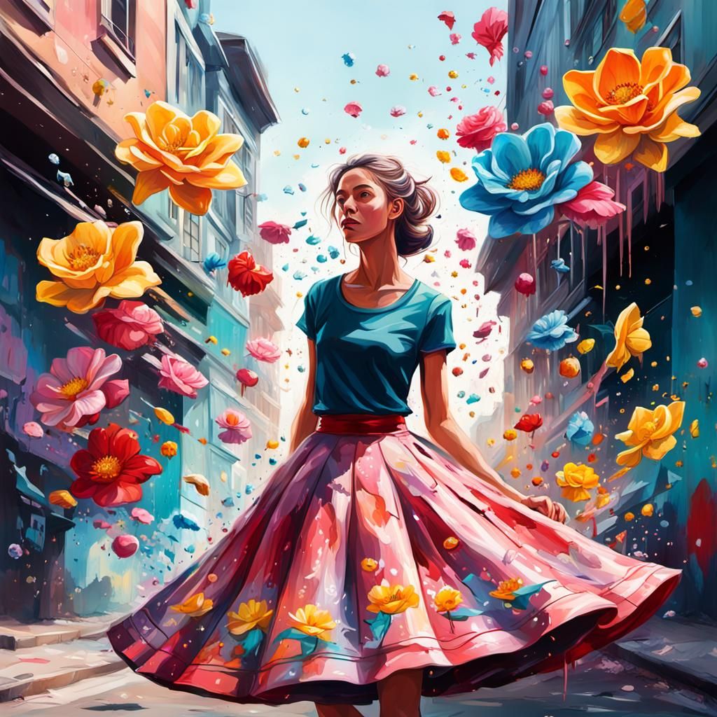 Women in Floral Bell-Hoop Skirts: Hyperrealistic Splash Art