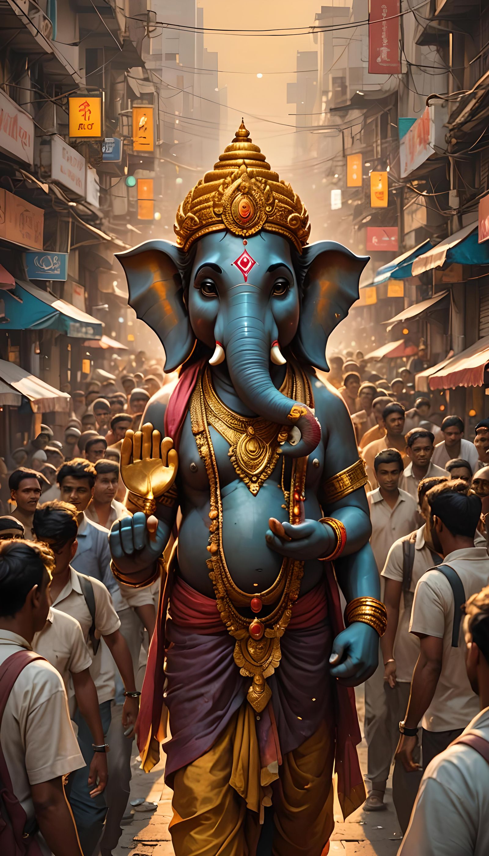 Young Ganesha Walking in Crowded Indian City
