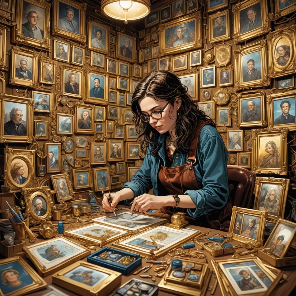 Woman Artist Surrounded by Golden Frames Illustration