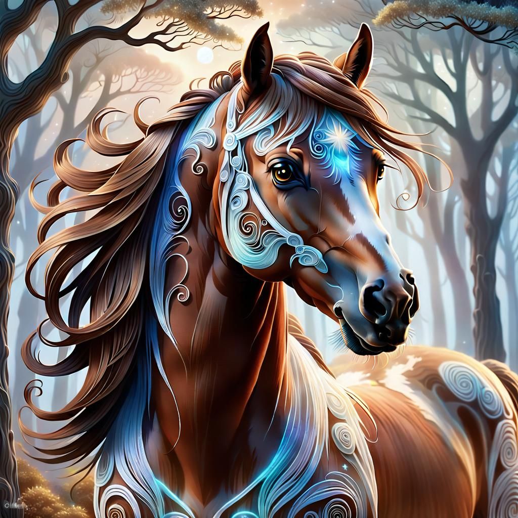 Astral Horse in Ethereal Forest: Mixed Media Illustration