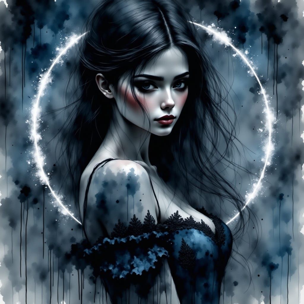 Norse Goddess in Ink-Drip Style