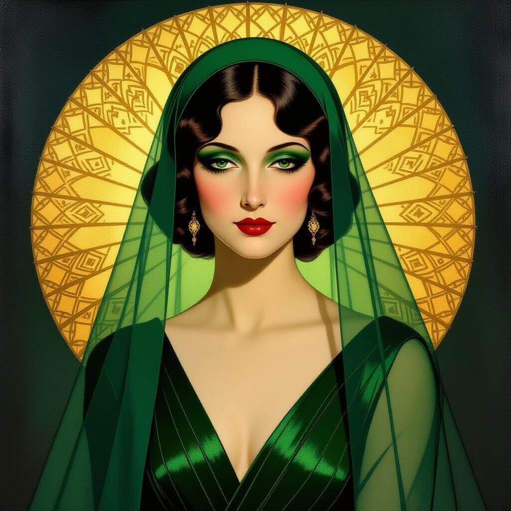 Art Deco Woman in Emerald Gown with Veil
