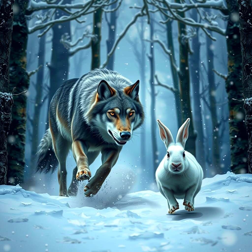 Grey Wolf Pursues White Rabbit in the Blizzard