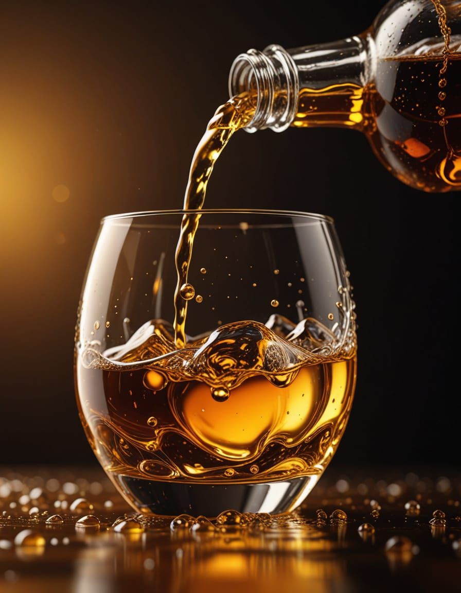 Golden Rum Droplet Creates Ripples in a Glass