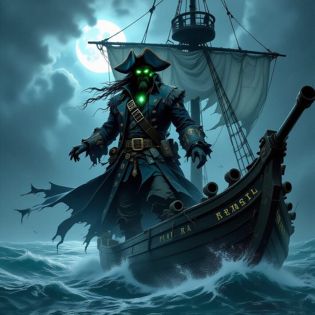 Spectral Pirate Captain on Ghost Ship in Stormy Seas