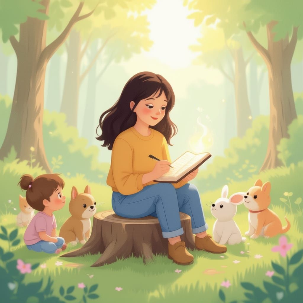 Woman Writing in Pastel Forest with Animals and Magic Glow