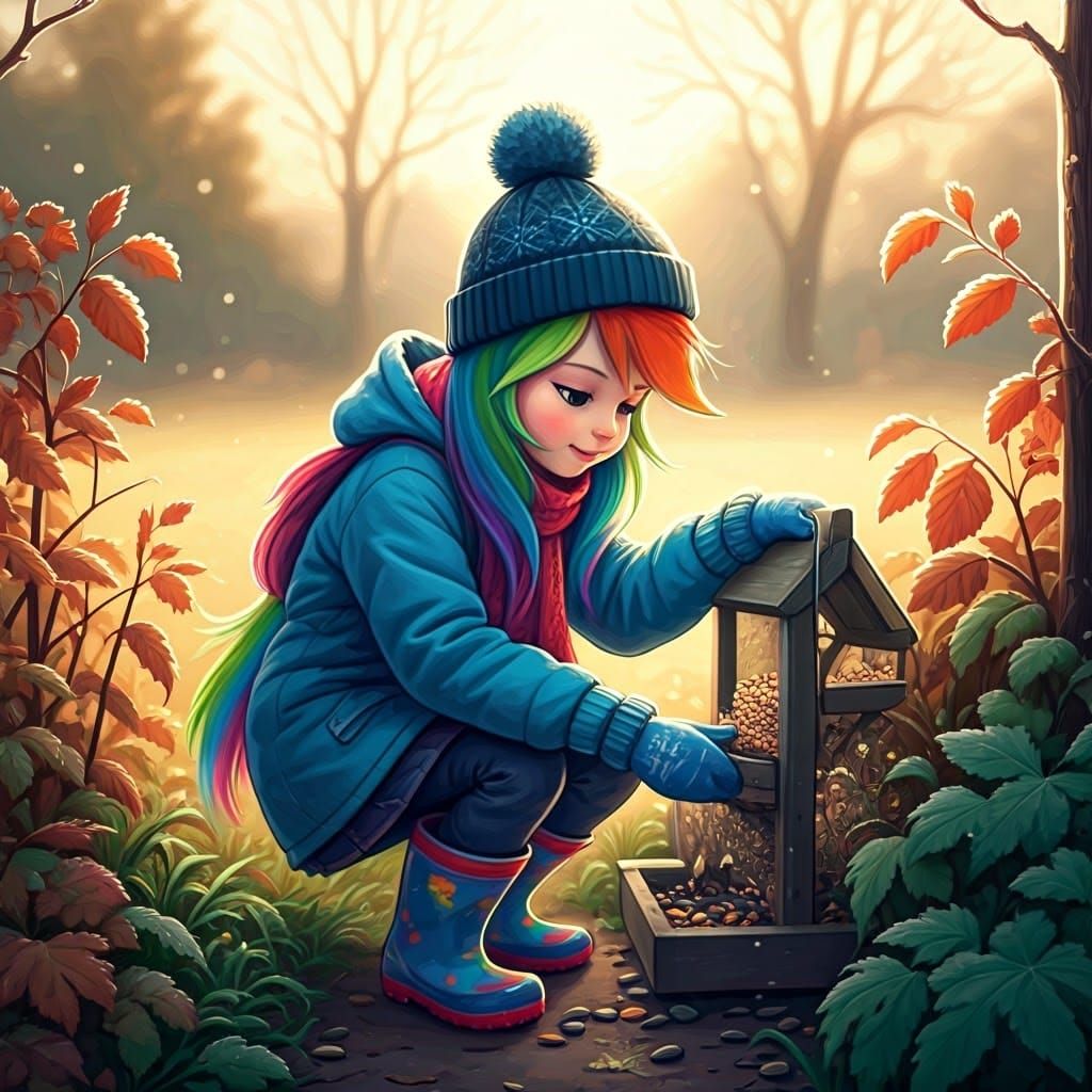 Rainbow-Haired Girl Feeding Birds in Autumn Garden