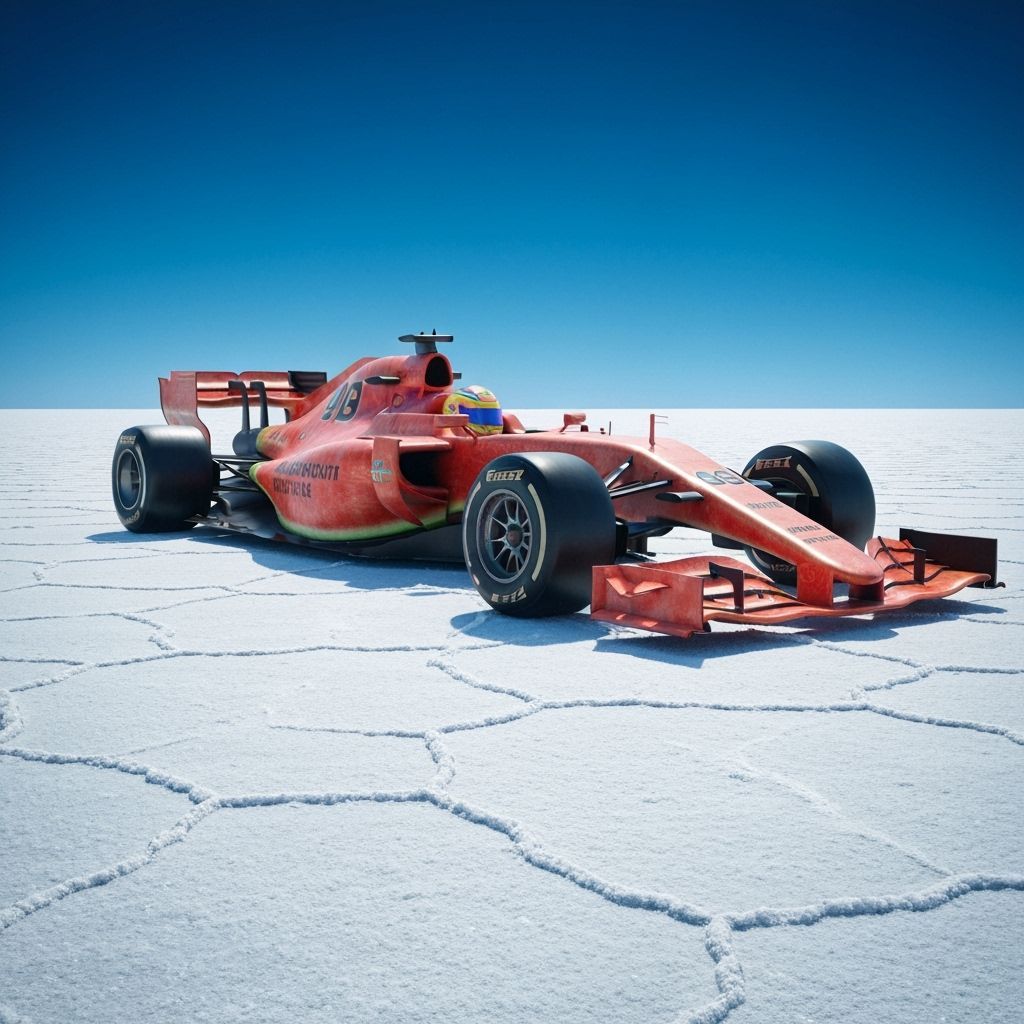 Watermelon F1 Car on Salt Flats, Hyperrealistic Art