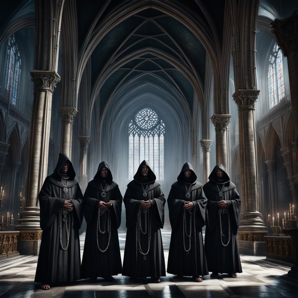 Gothic Cathedral with Monks in Detailed Matte Painting