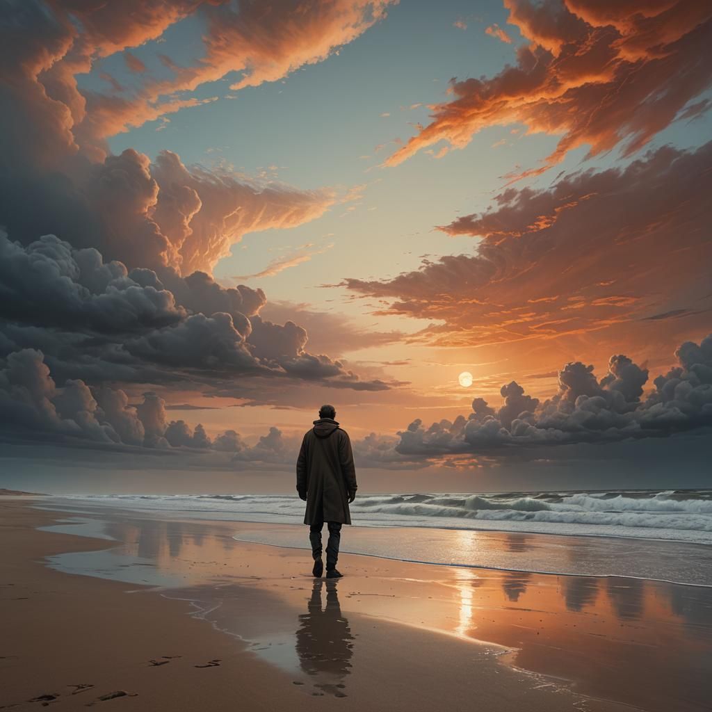 Solitary Figure on a Vast Beach, Beksiński Style