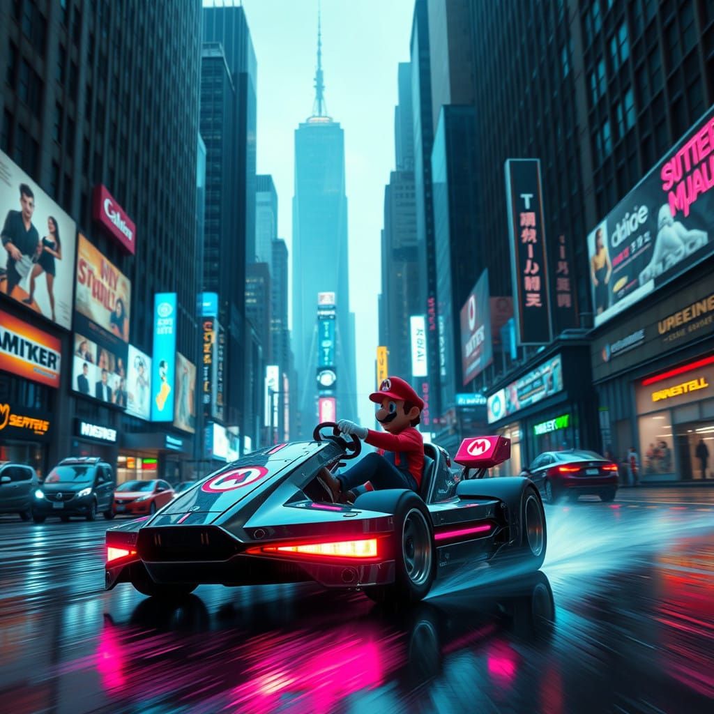 Cyberpunk Kart Speeds Down Dystopian New York Street