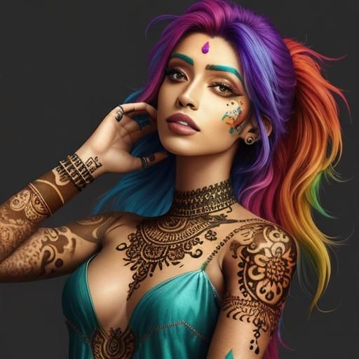 Woman with Henna and Rainbow Hair