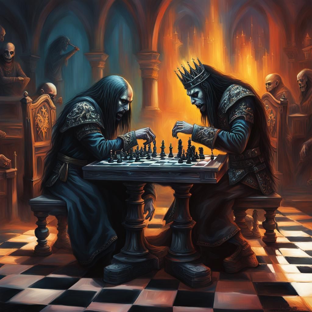 Members of a black metal band playing chess