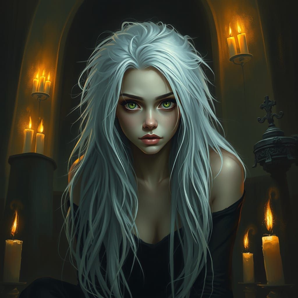 Mysterious Woman in Dimly Lit Chamber