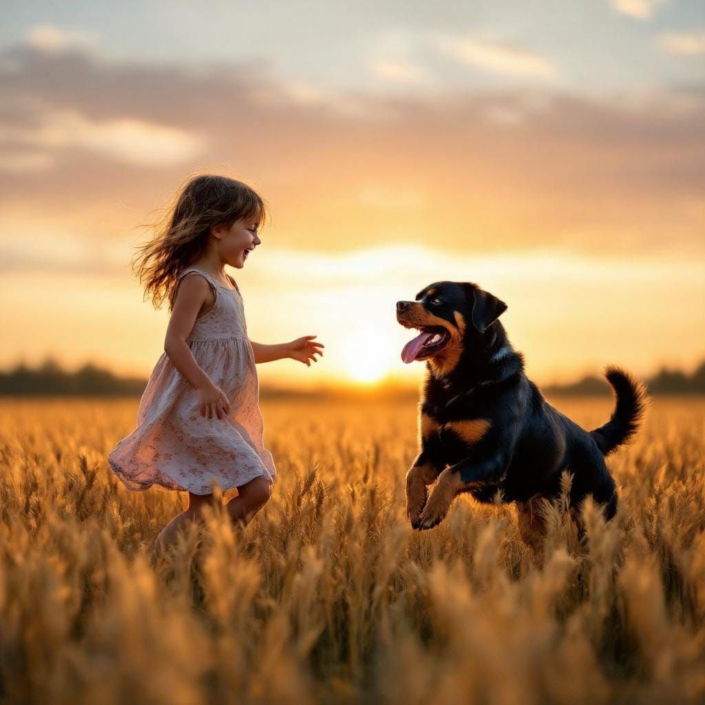 Girl and Rottweiler Play Fetch at Sunset