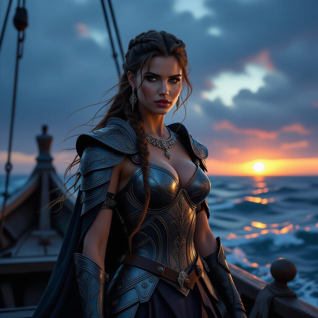 Warrior Princess on Viking Ship in Stormy Sea