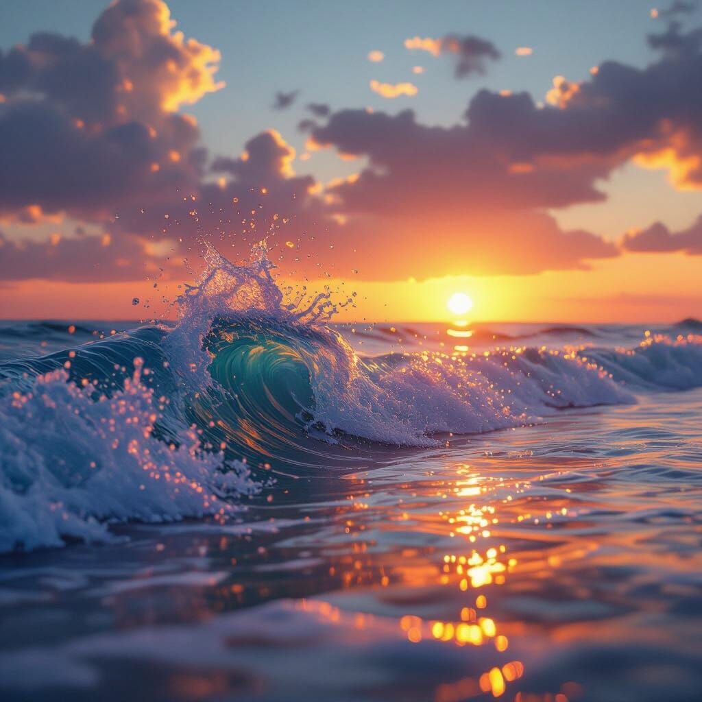 Turquoise Waves Shimmering at Sunset: Photorealistic Seascap...