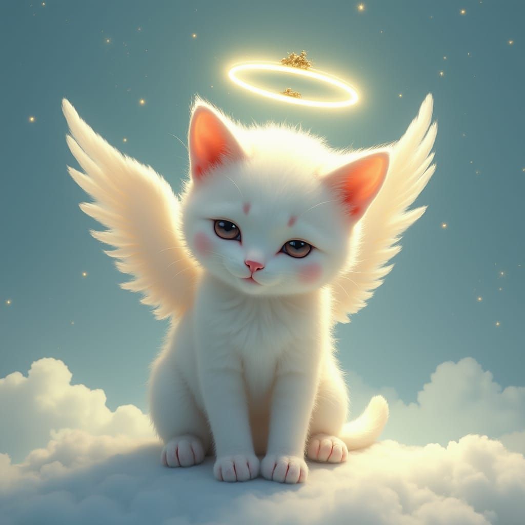 Celestial Angel Cat with Hidden Horns in Surreal Style