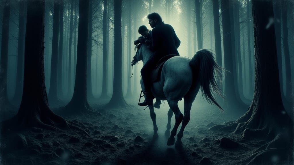 Distraught Father Rides with Son Through Dark Forest