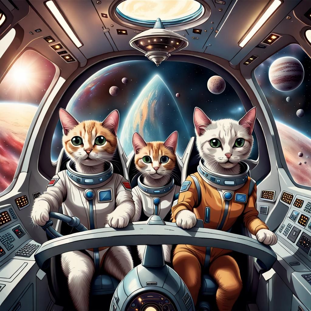 Anthropomorphic Cats Piloting a Spaceship