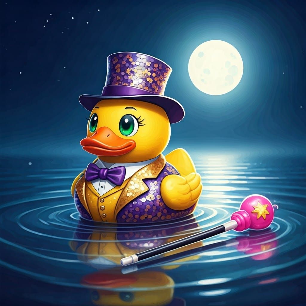 Whimsical Watercolor Ducky Magician at Night