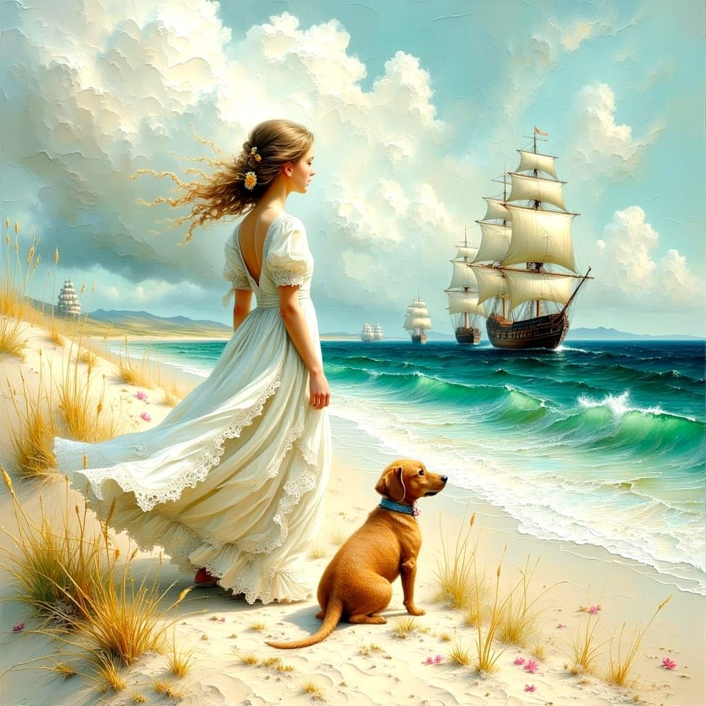 Girl and Dog at the Beach, Impasto Painting