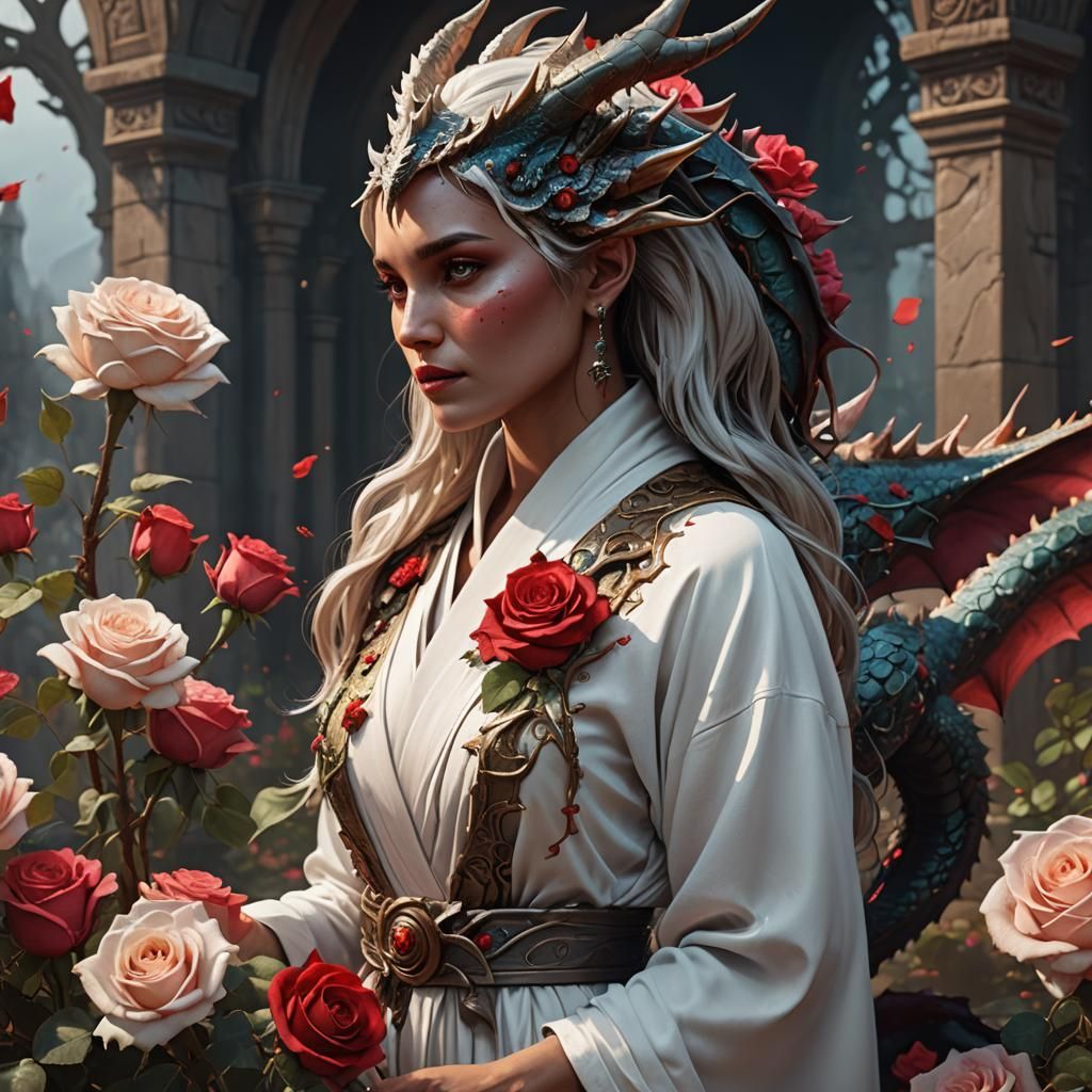 Baby Dragon and Woman with Roses: Fantasy Art