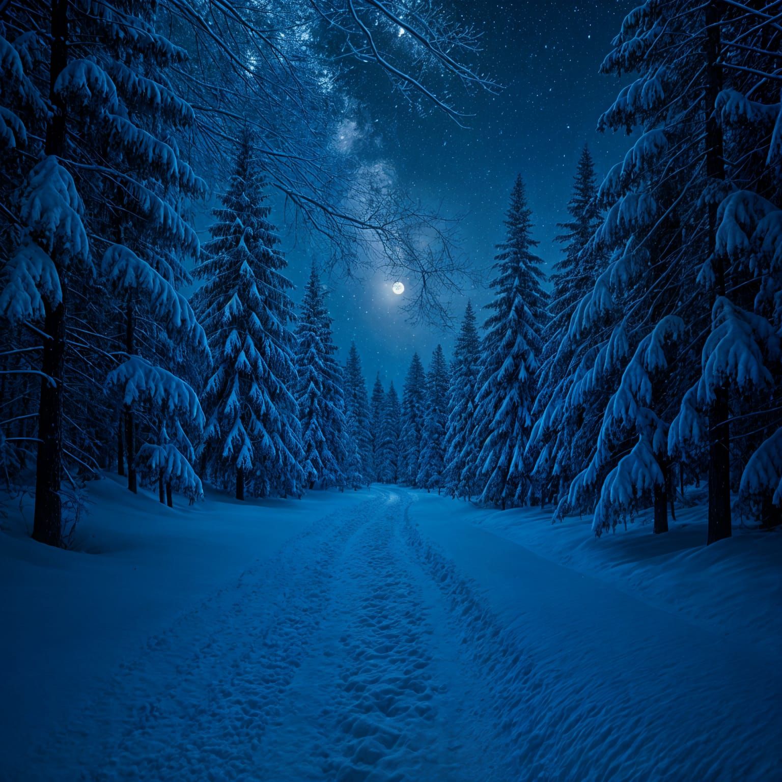 Serene Winter Forest Path Under Blue Moonlit Sky