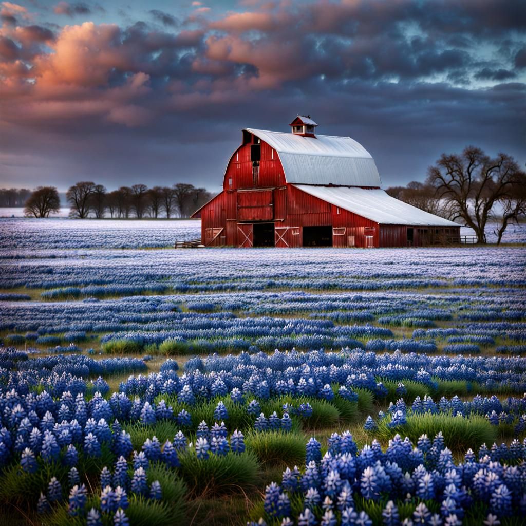 Snowy Bluebonnets and Red Barn, Cinematic Digital Matte Pain...