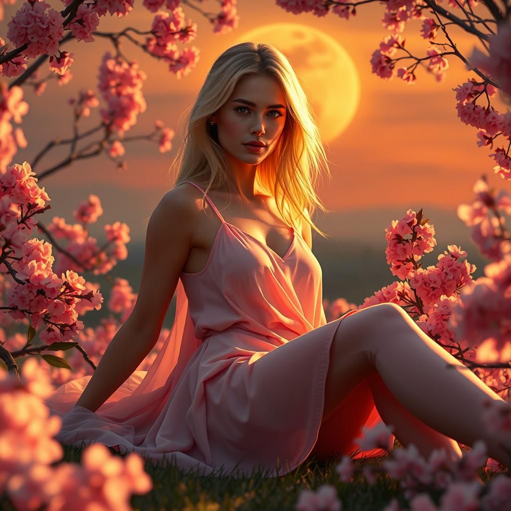 Woman in Cherry Blossom Grove, Fantasy Art