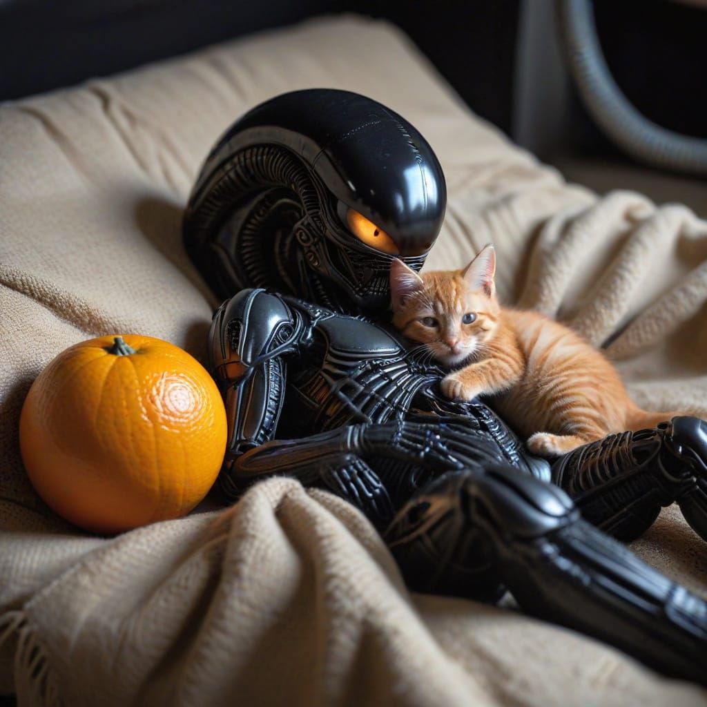 Orange Cat Guards Swaddled Xenomorph Baby