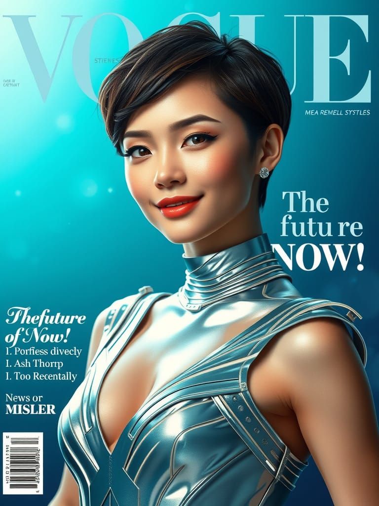 Elegant Cyborg Goddess on Vogue Cover in Digital Art Style