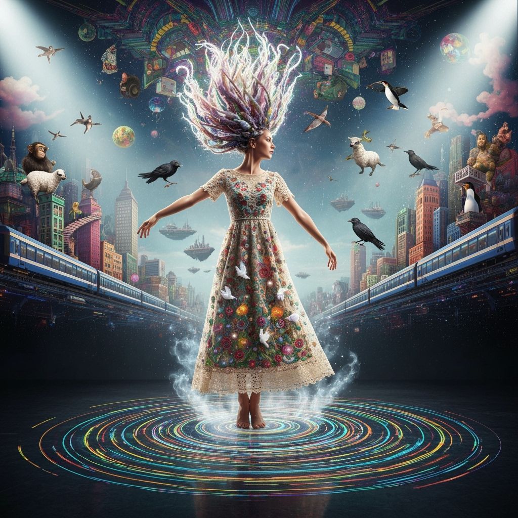 Dancing Woman in Embroidered Dress with Ink Flow