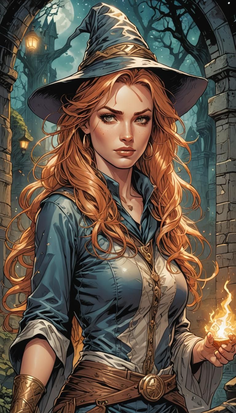 Beautiful female wizard. Reddish-blonde hair. Bare midriff. Twenty years old.