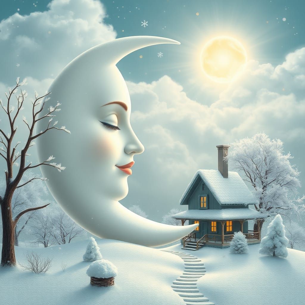 Dreamy Crescent Moon in Winter Wonderland Illustration