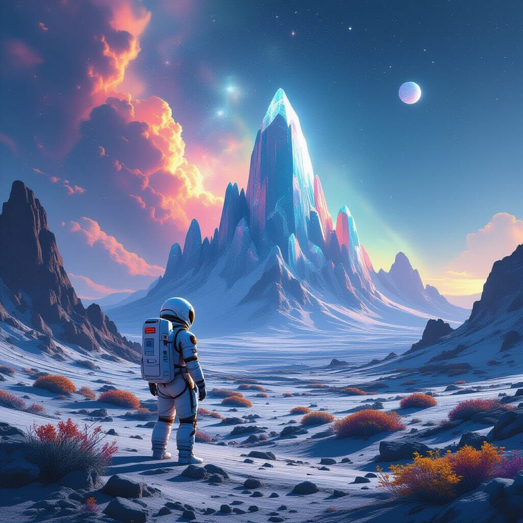 Astronaut on Alien Planet Gazes at Crystal Mountains in Nebu...