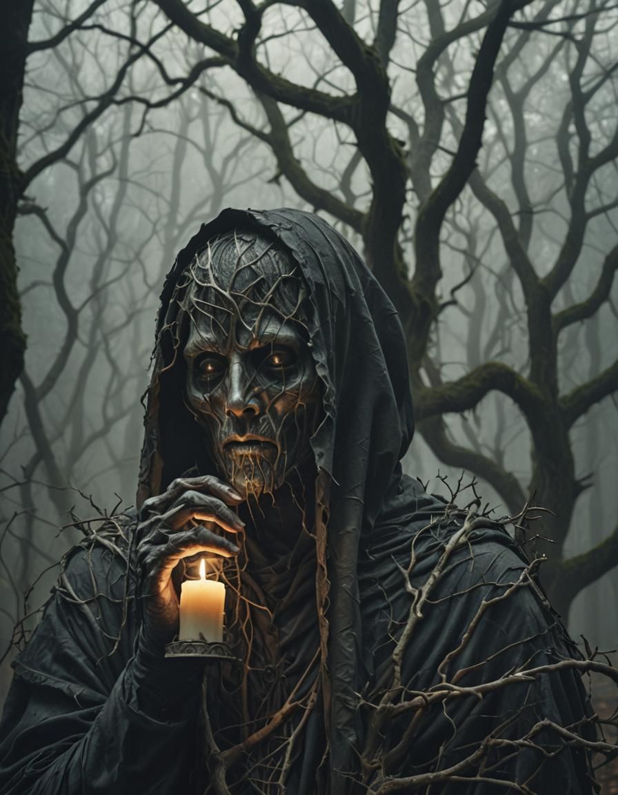 Eerie Forest Figure in Neo-Gothic Surrealism