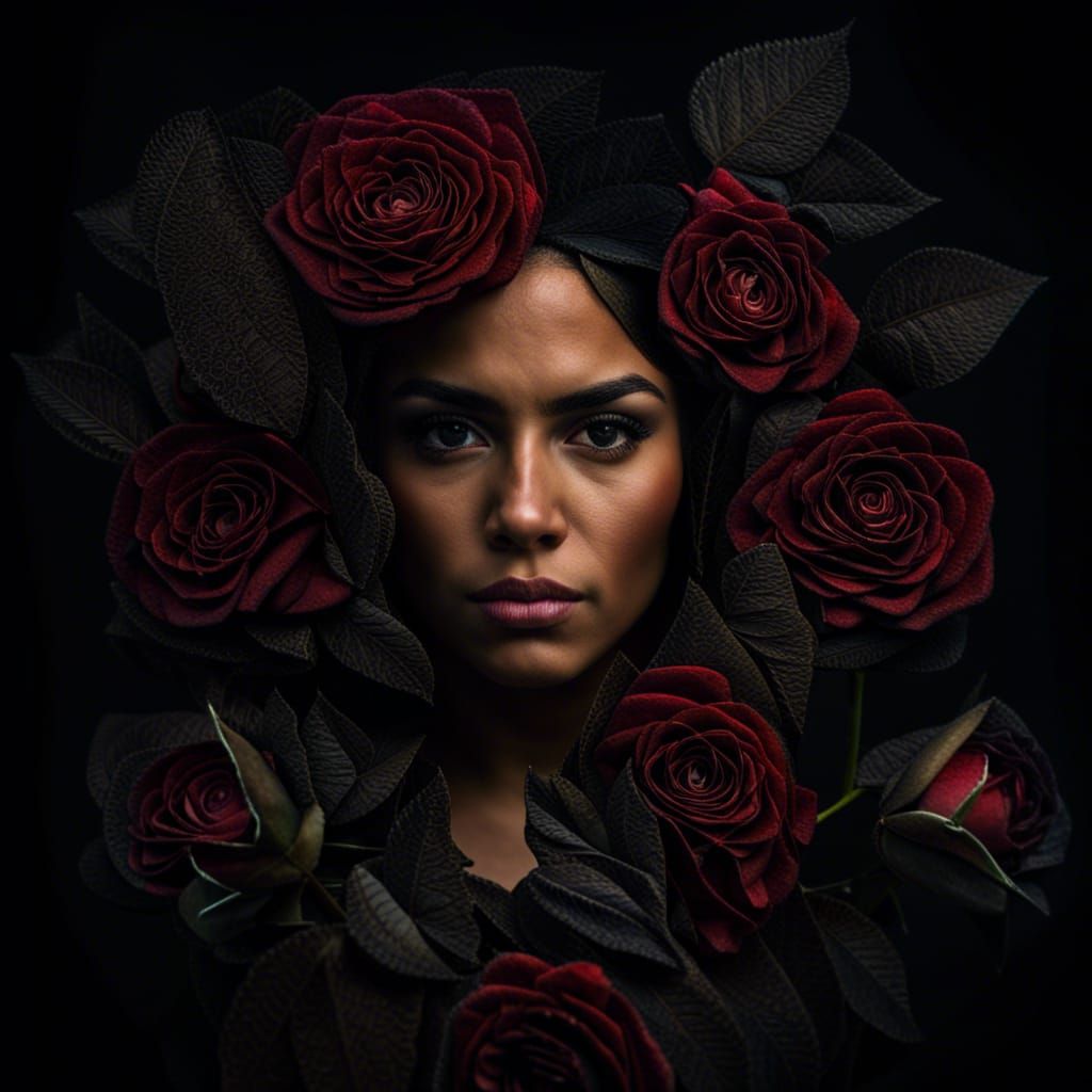 Latina Portrait Covered in Roses, Hyperrealistic Style