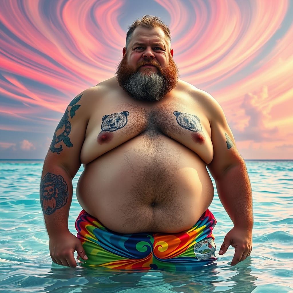 Psychedelic Caribbean Scene of Man in Rainbow Shorts