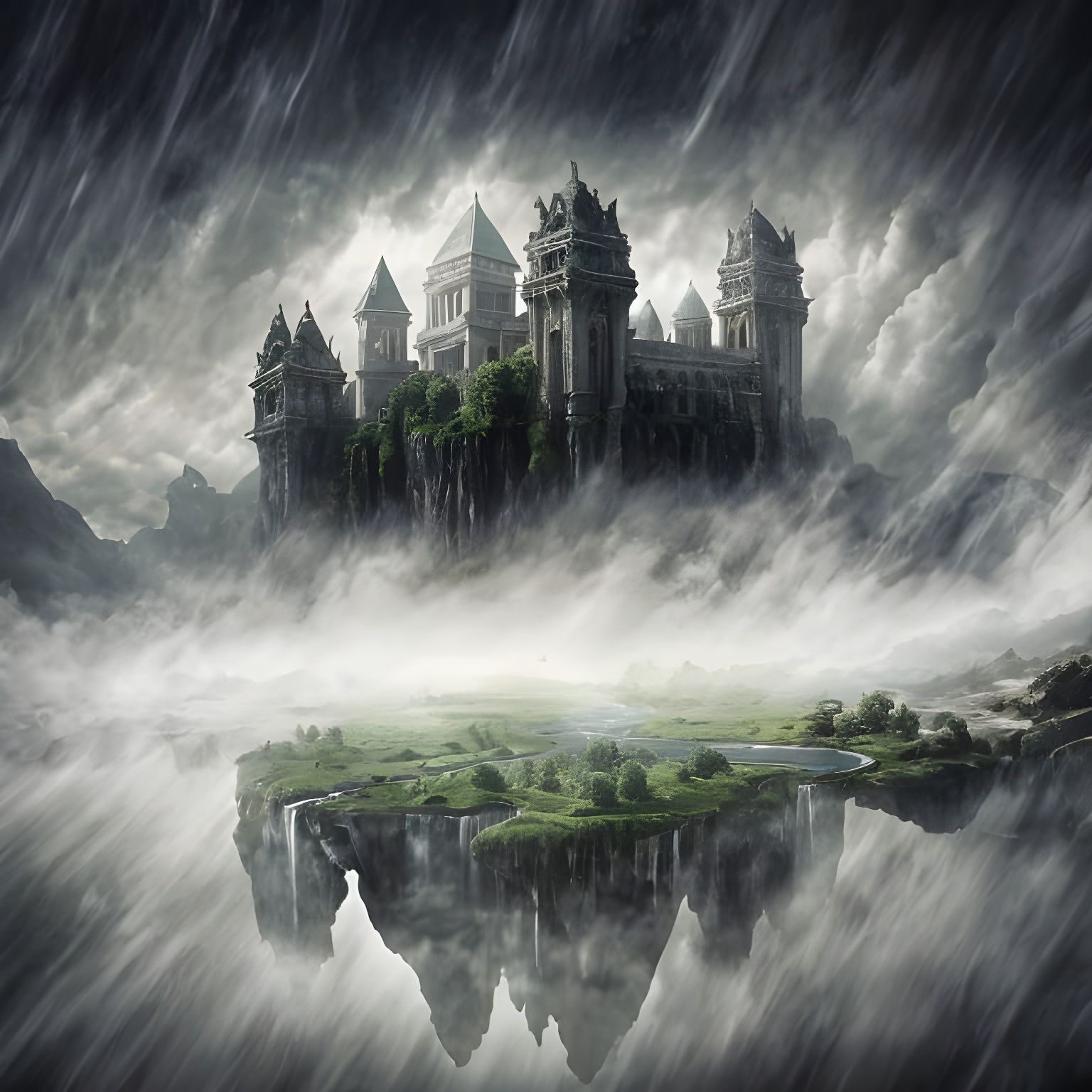 Majestic Floating Island in Ethereal Mist