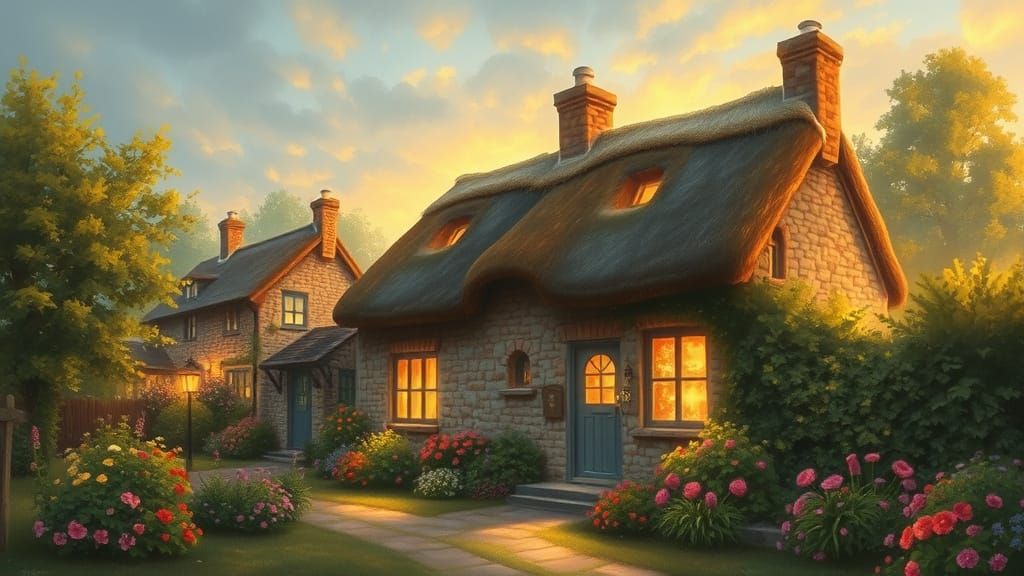 Romantic Cottage Scene in Warm Golden Light