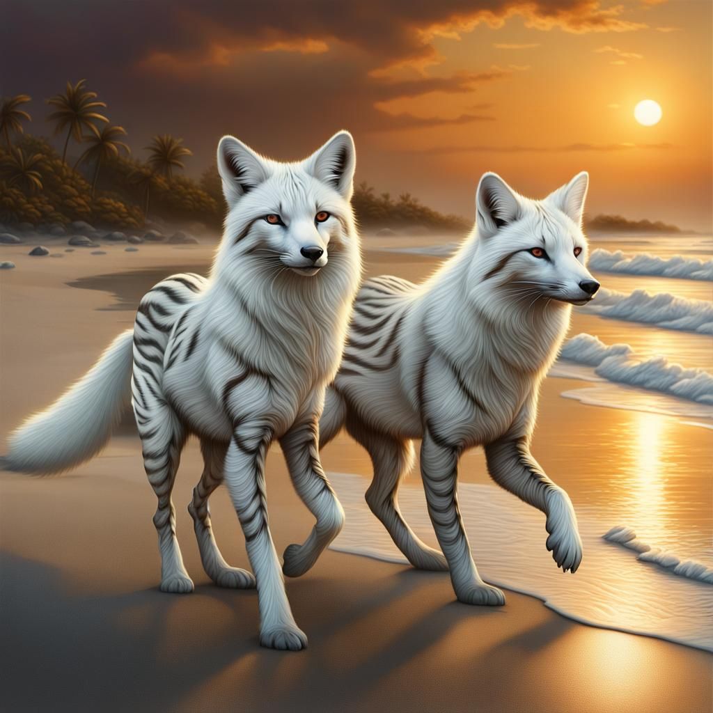 Tiger-Striped White Foxes on Beach at Sunset
