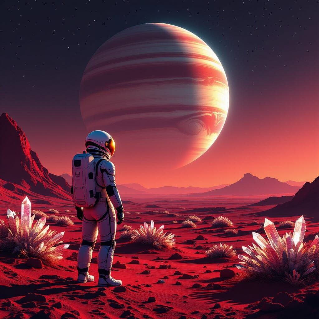 Astronaut Gazes at Ringed Gas Giant on Alien World