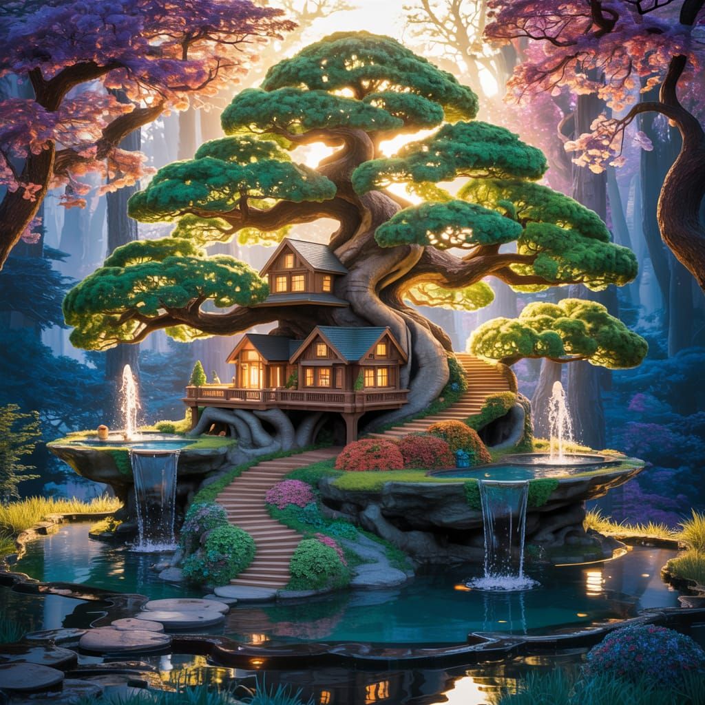 Enchanted Bonsai Tree with Miniature Homes