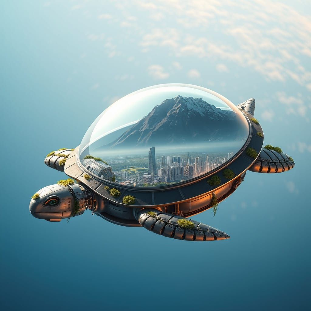 Robotic Turtle in Orbit Over Serene Blue Planet