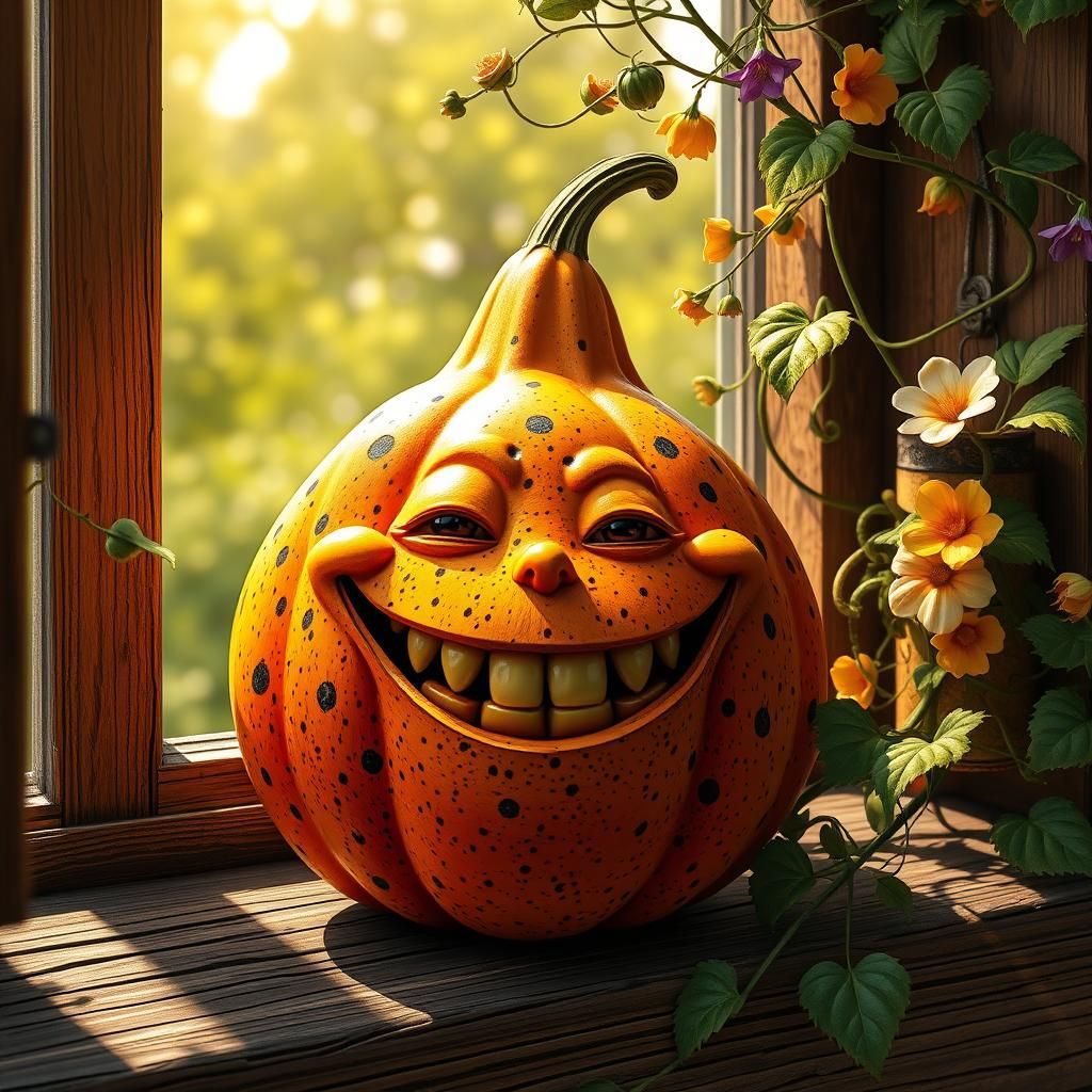 Smiling Gourd on Windowsill: Hyperrealistic Fantasy Art