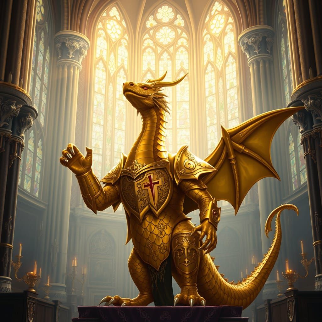 An anthropomorphic golden dragon swears oath a a new paladine of Bahamut in a cathedral of Neverwinter in the Forgotten ...