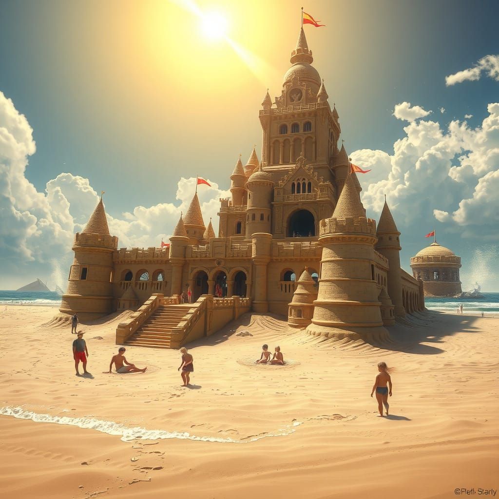 Surreal Giant Sandcastle in Hyperrealist Splendor