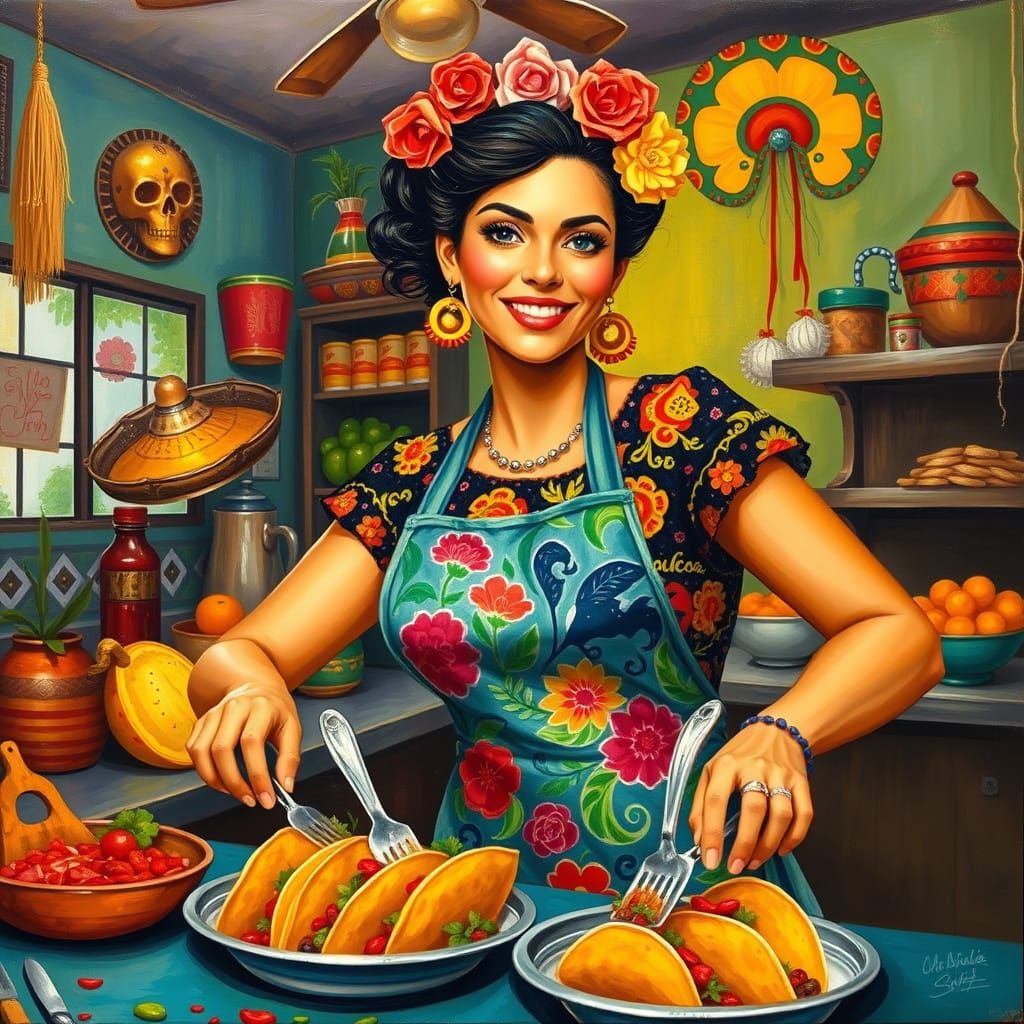 Vibrant Woman in a Lively Kitchen, Inspired by Mexican Art