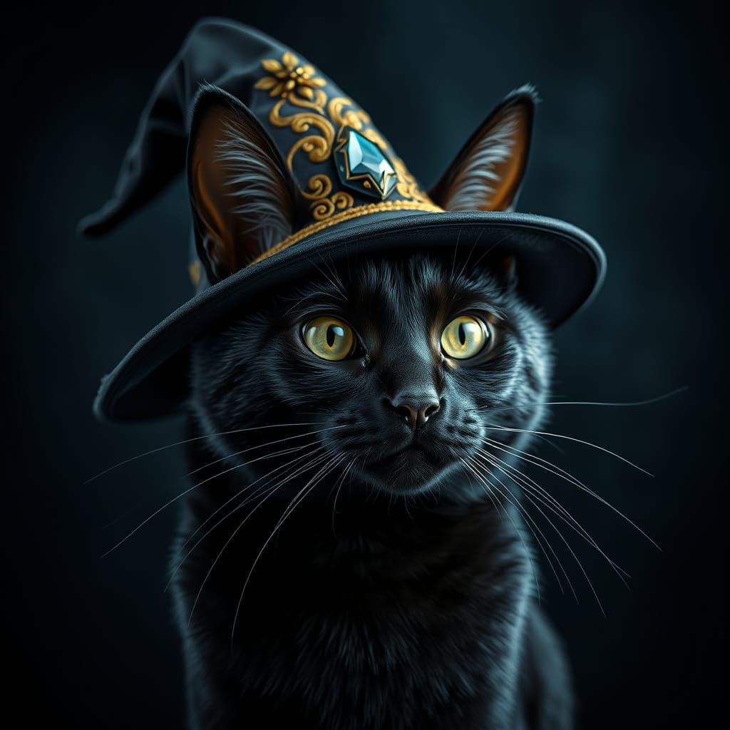 Sleek Black Cat in Witch's Hat, Hyperrealistic HDR